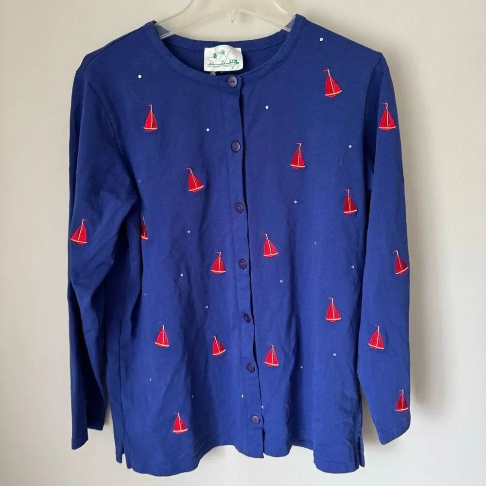 Vintage Quacker Factory Embroidered Sailboat 100% Cotton Cardigan Nautical Blue